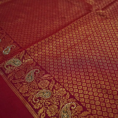 Silk Tulasi in Peach - Gold base with Rich Maroon border