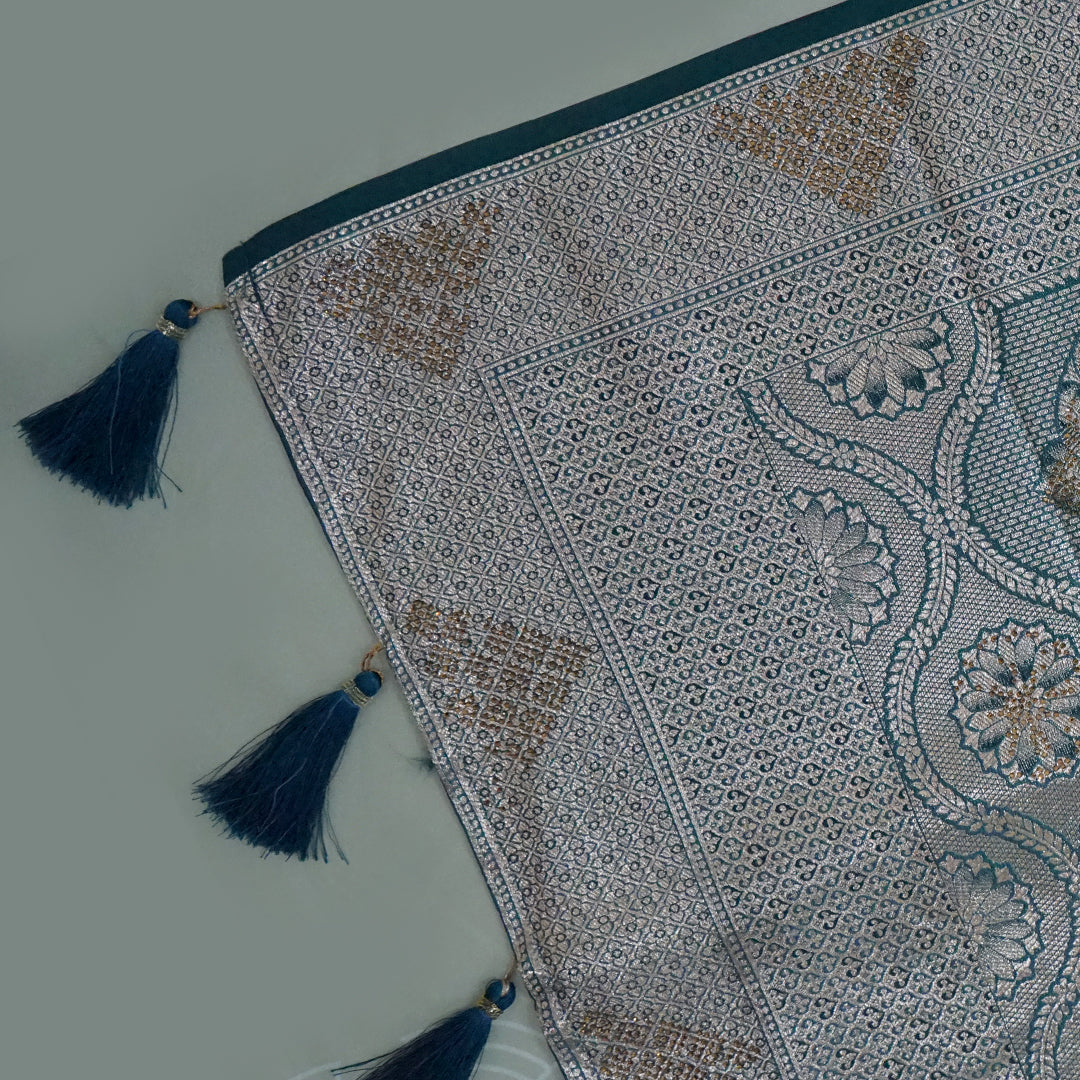 Teal Madhur Sangam silk saree with Gold Zari