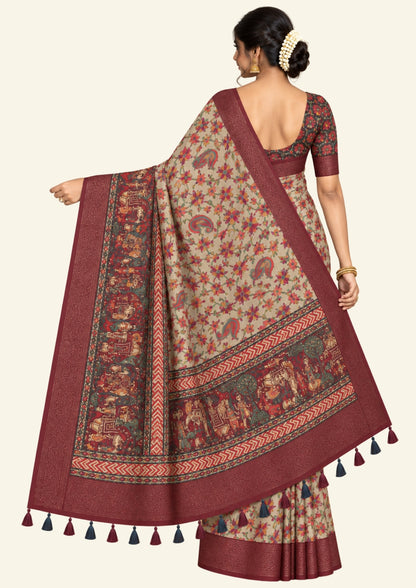 Kavya Loom in Deep Maroon Base with Kalamkari style prints