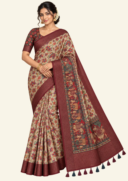 Kavya Loom in Deep Maroon Base with Kalamkari style prints