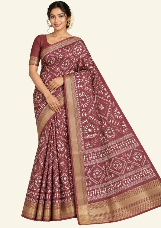 Kusum Silk in Maroon Base with Kalamkari prints