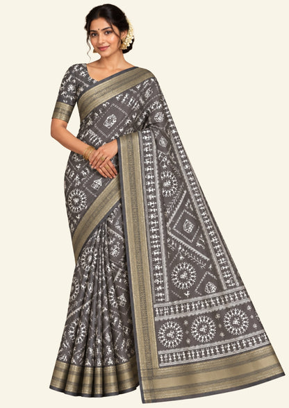 Kusum Silk in Charcoal Grey base with Kalamkari prints