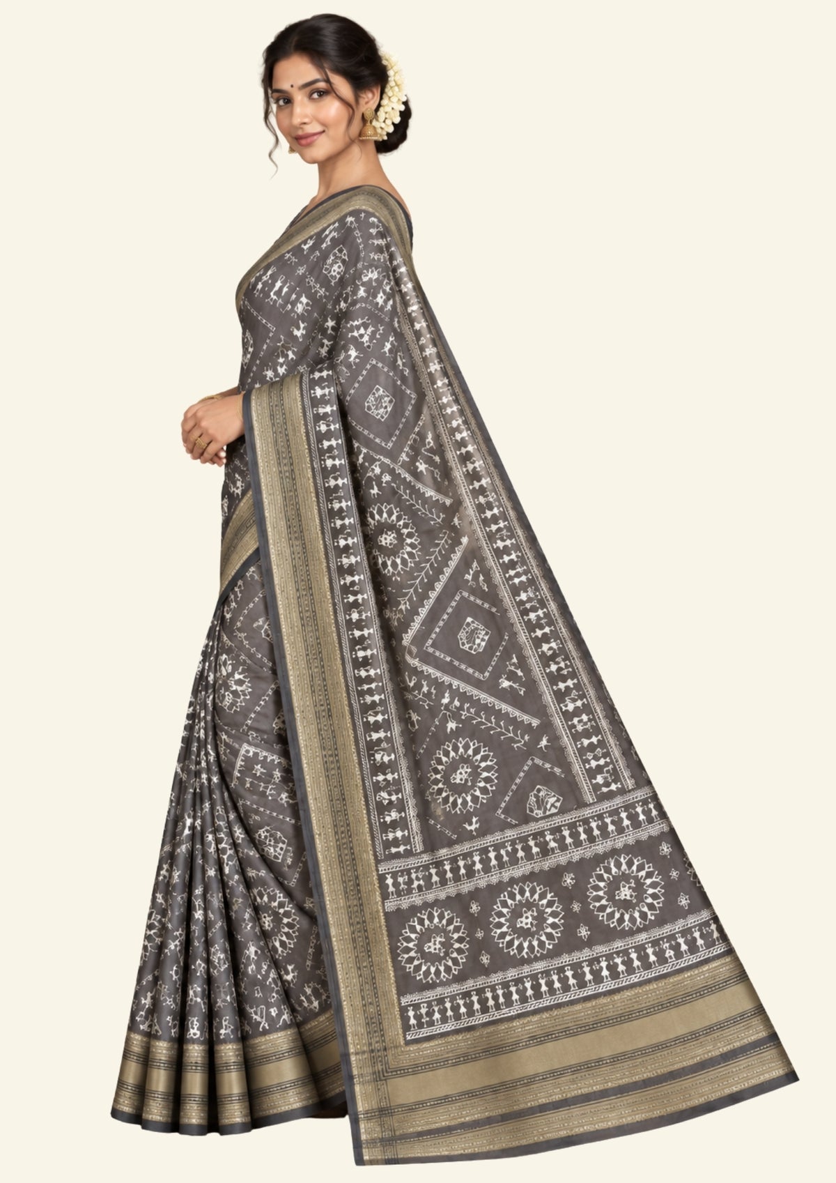 Kusum Silk in Charcoal Grey base with Kalamkari prints