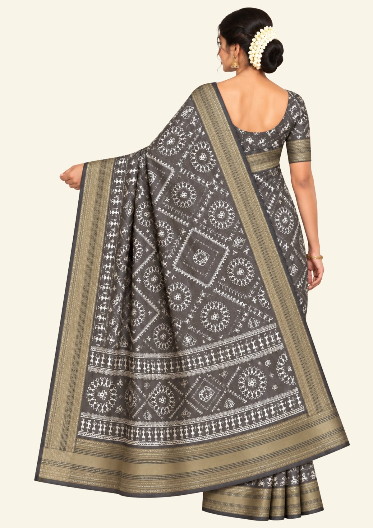 Kusum Silk in Charcoal Grey base with Kalamkari prints