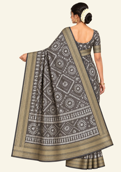 Kusum Silk in Charcoal Grey base with Kalamkari prints