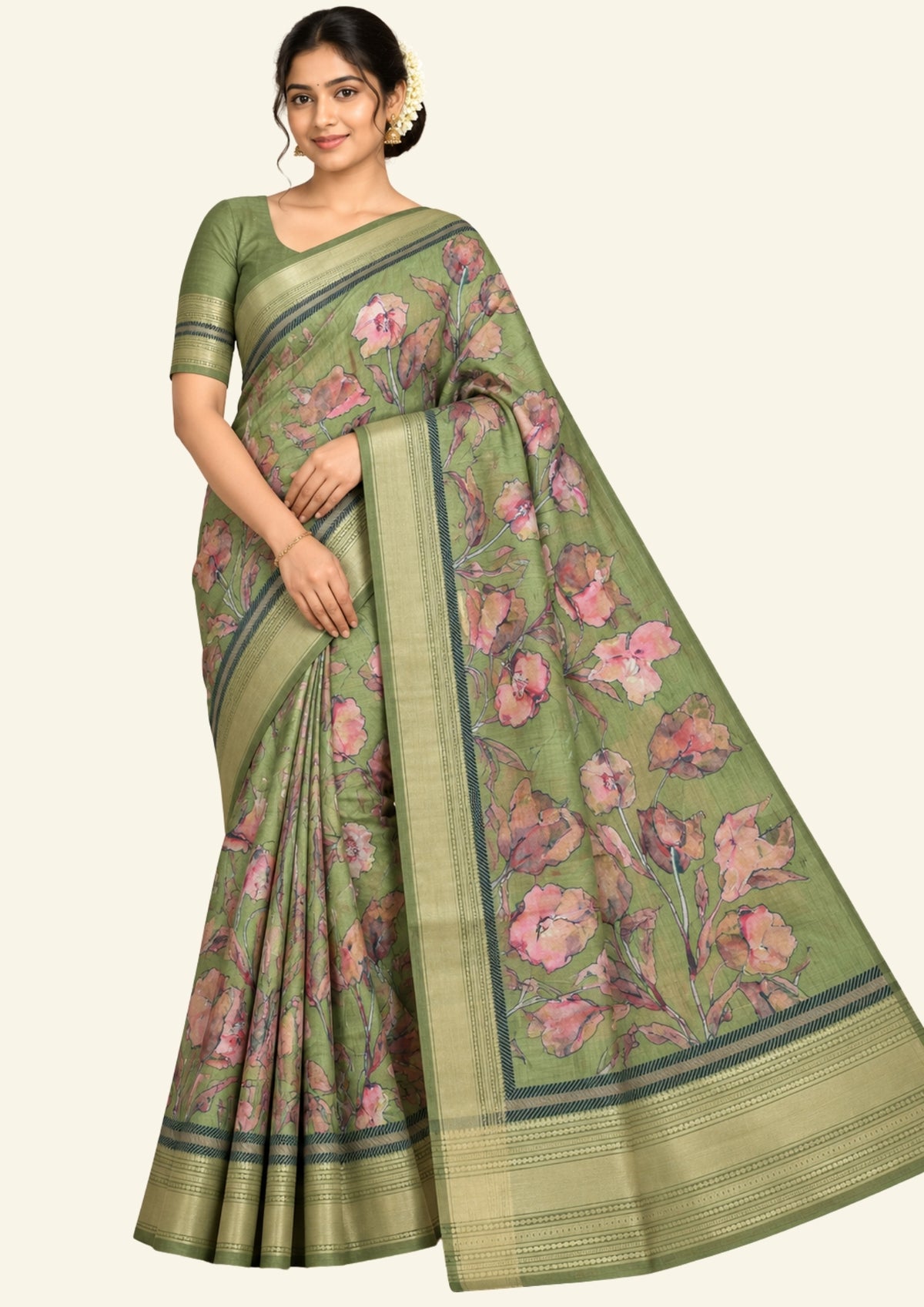 Kusum Silk in Olive Green Base with Floral prints
