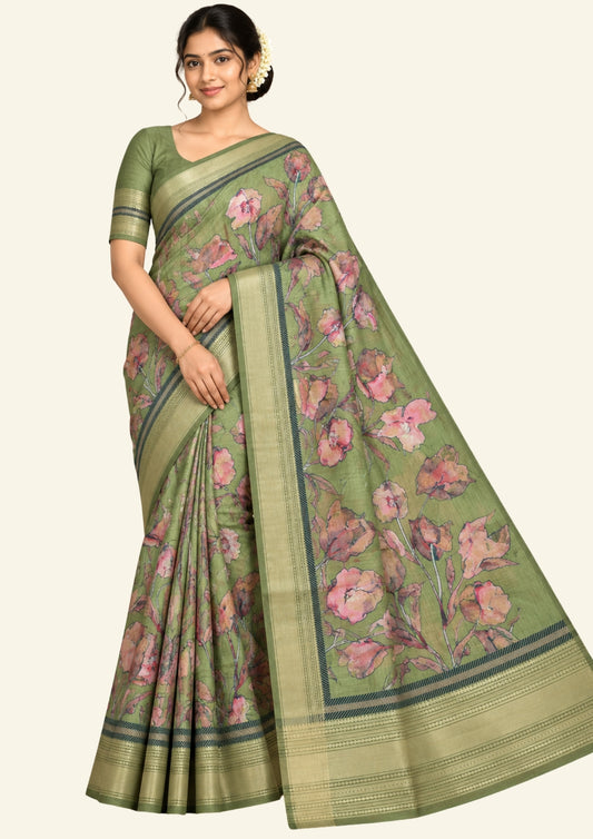 Kusum Silk in Olive Green Base with Floral prints