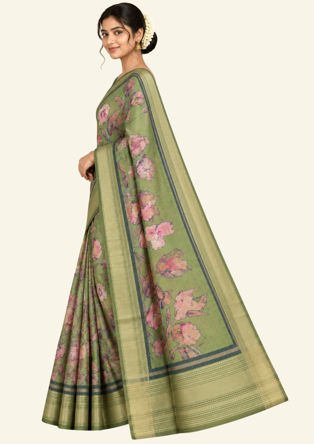 Kusum Silk in Olive Green Base with Floral prints