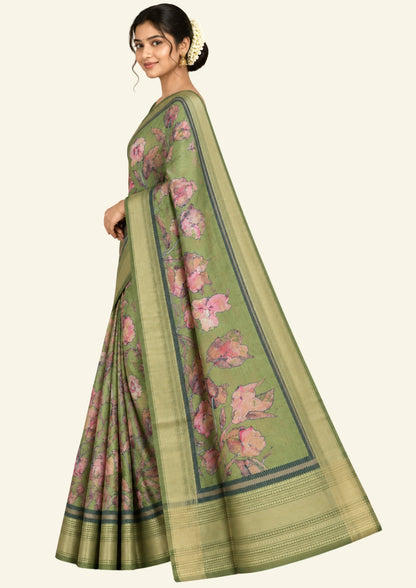 Kusum Silk in Olive Green Base with Floral prints