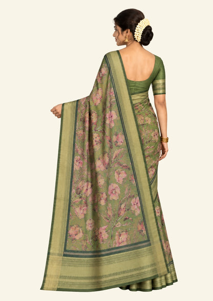 Kusum Silk in Olive Green Base with Floral prints