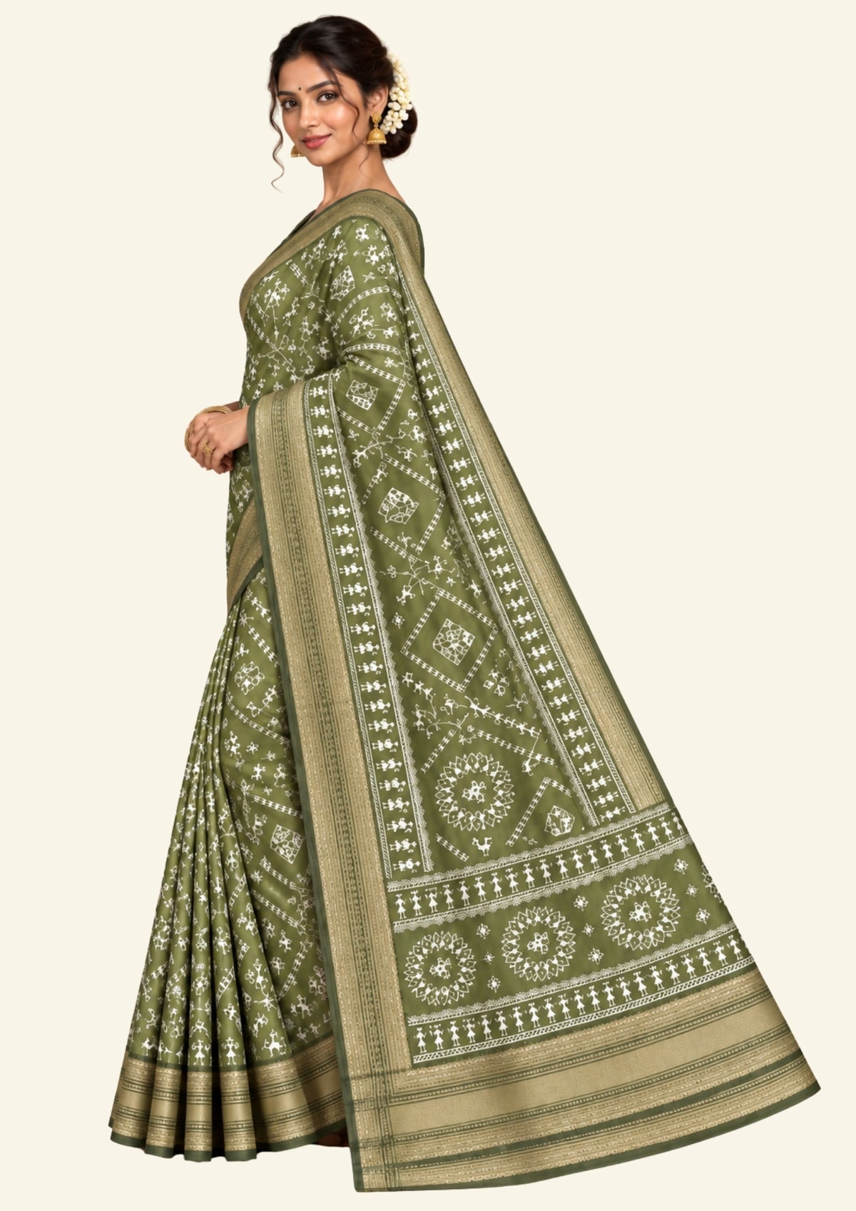 Kusum Silk in Olive Green Base with Kalamkari prints