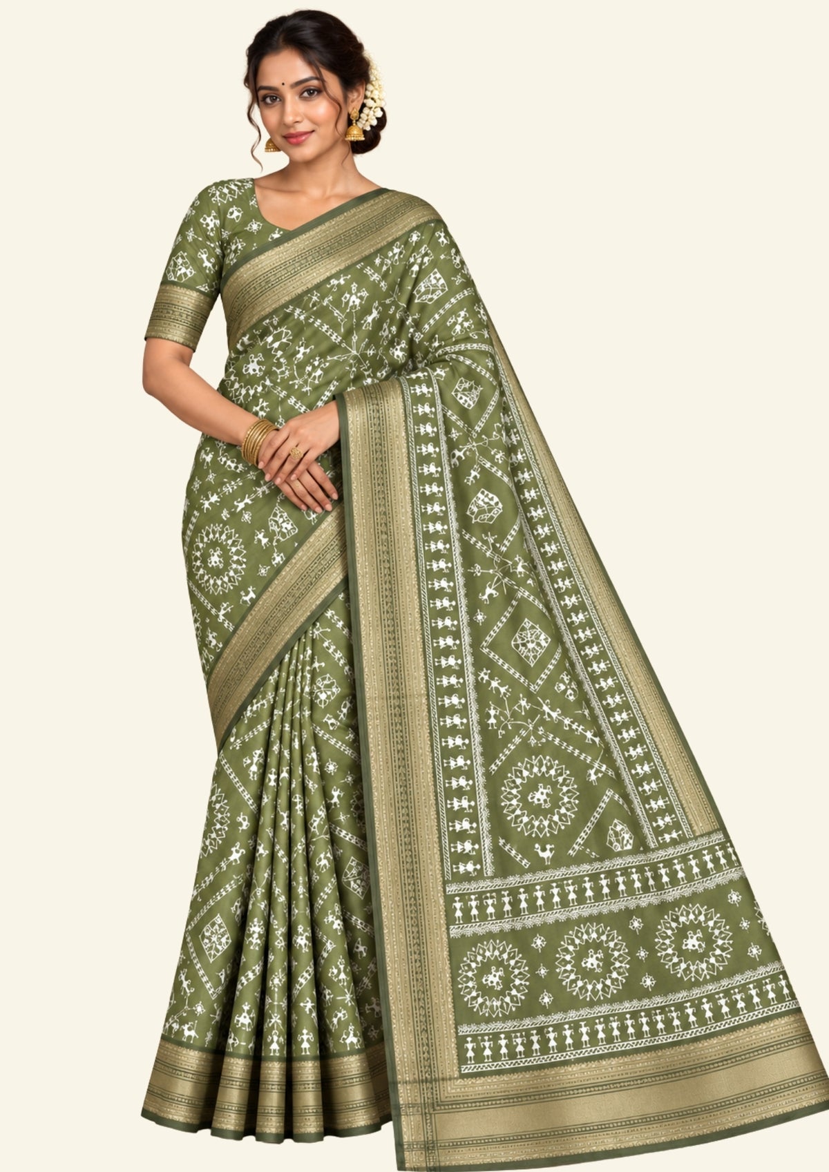 Kusum Silk in Olive Green Base with Kalamkari prints