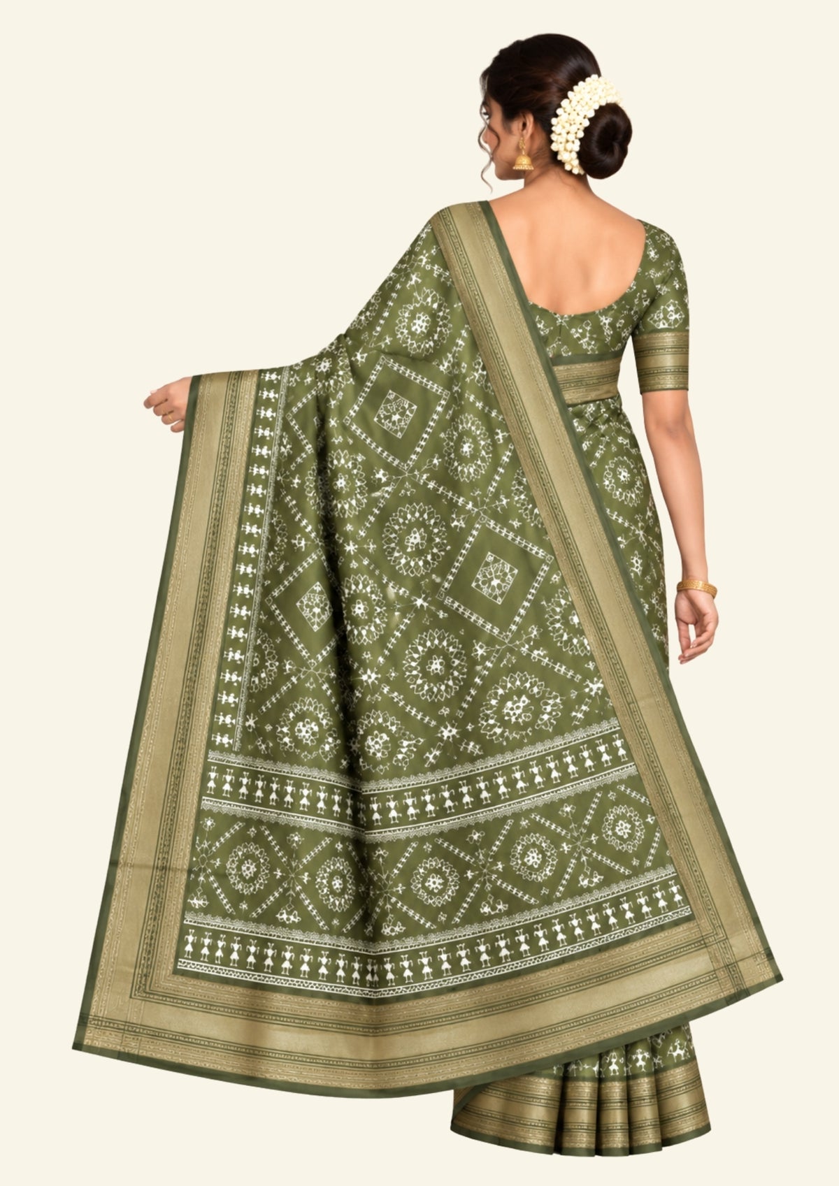 Kusum Silk in Olive Green Base with Kalamkari prints