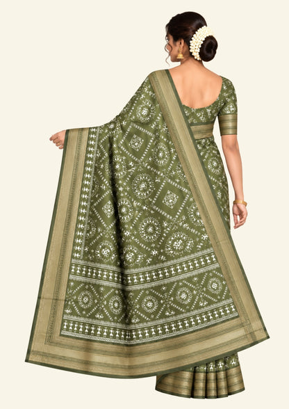 Kusum Silk in Olive Green Base with Kalamkari prints