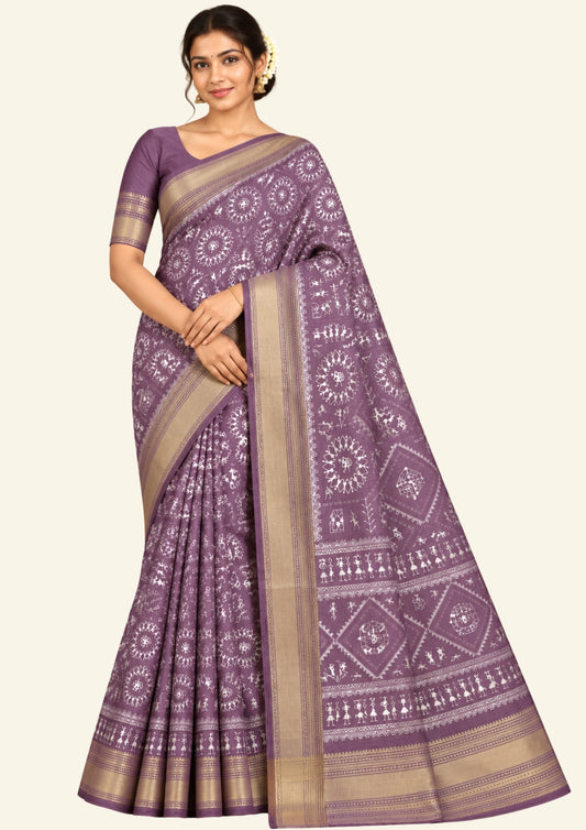 Kusum Silk in Plum base with Kalamkari prints