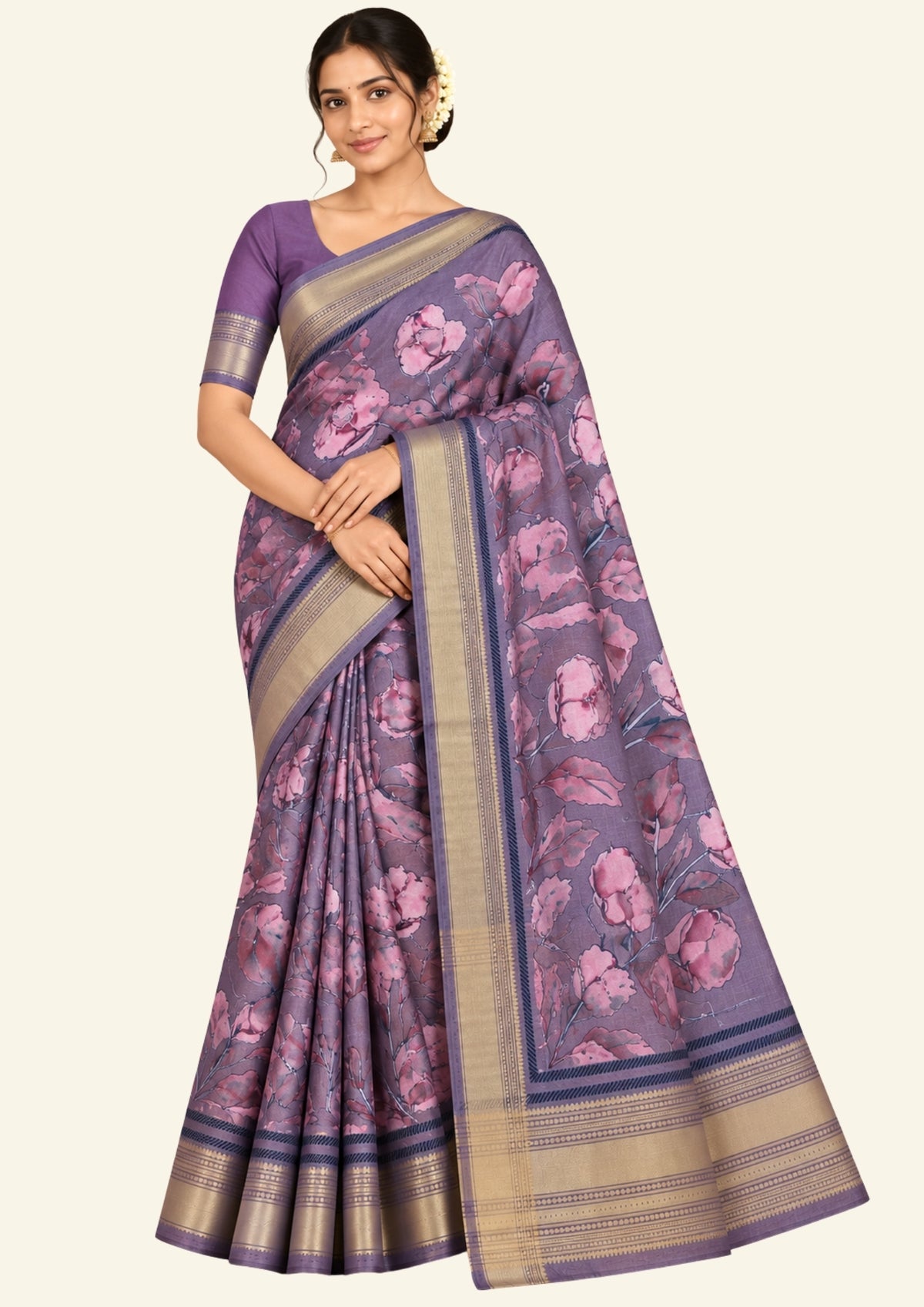 Kusum Silk in Rich Muted Mauve base with Floral prints