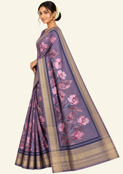 Kusum Silk in Rich Muted Mauve base with Floral prints