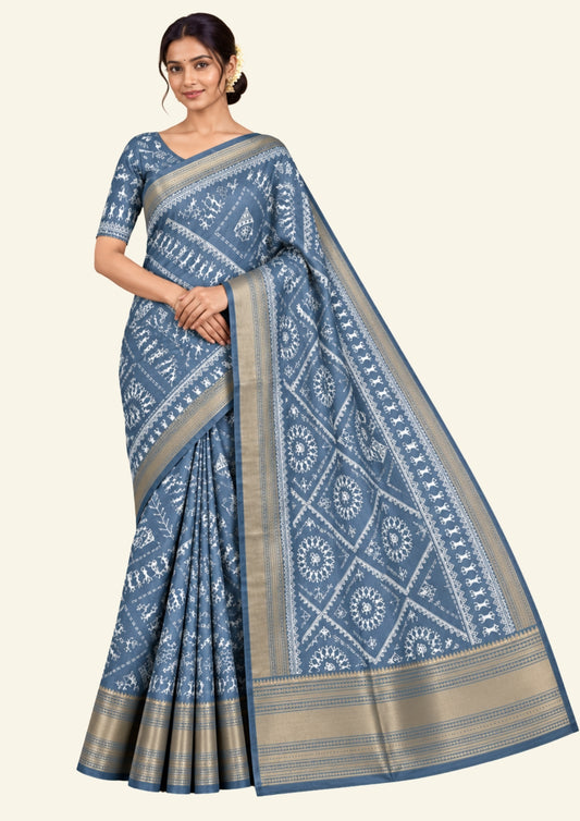 Kusum Silk in Slate Blue base with Kalamkari prints
