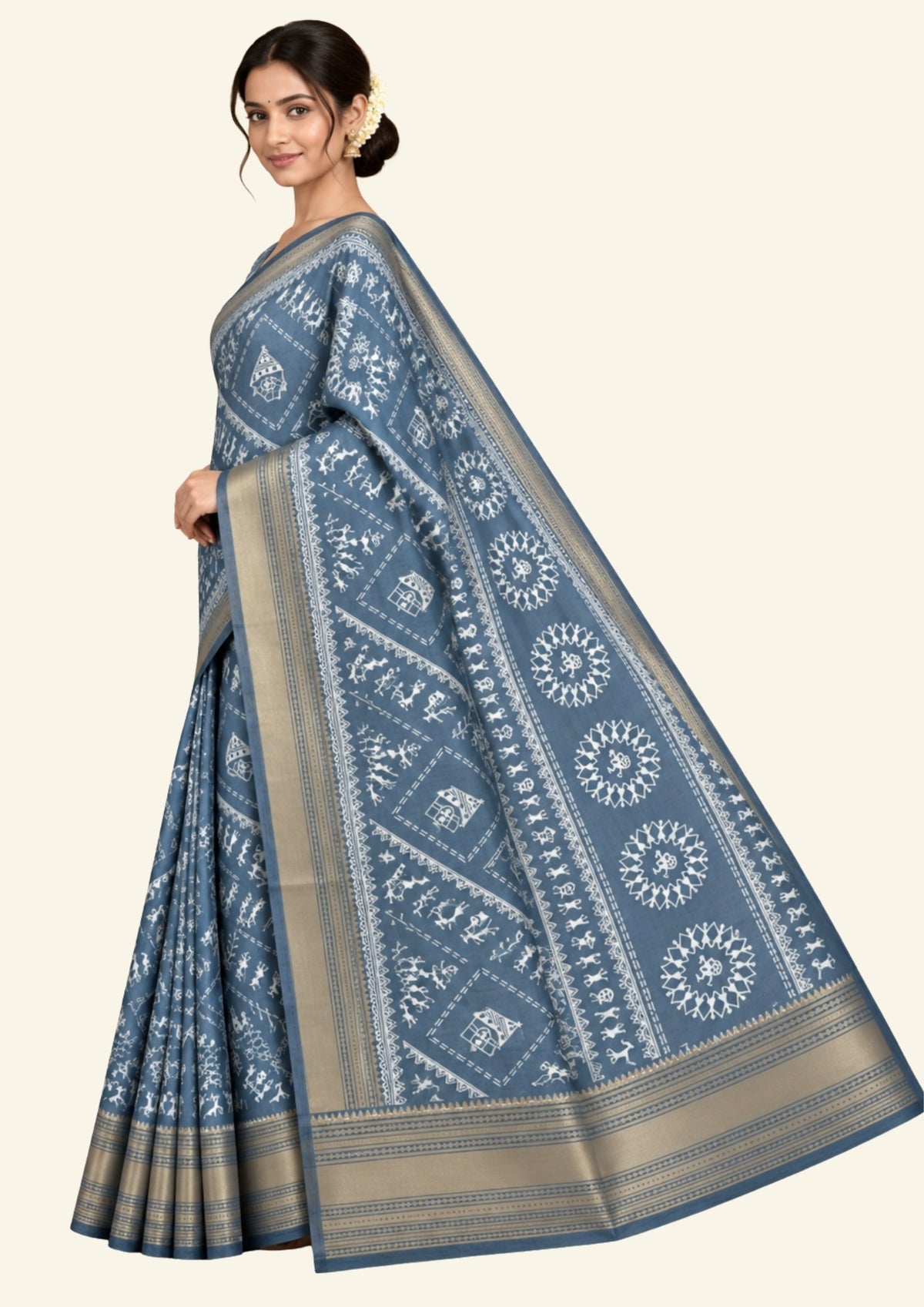 Kusum Silk in Slate Blue base with Kalamkari prints