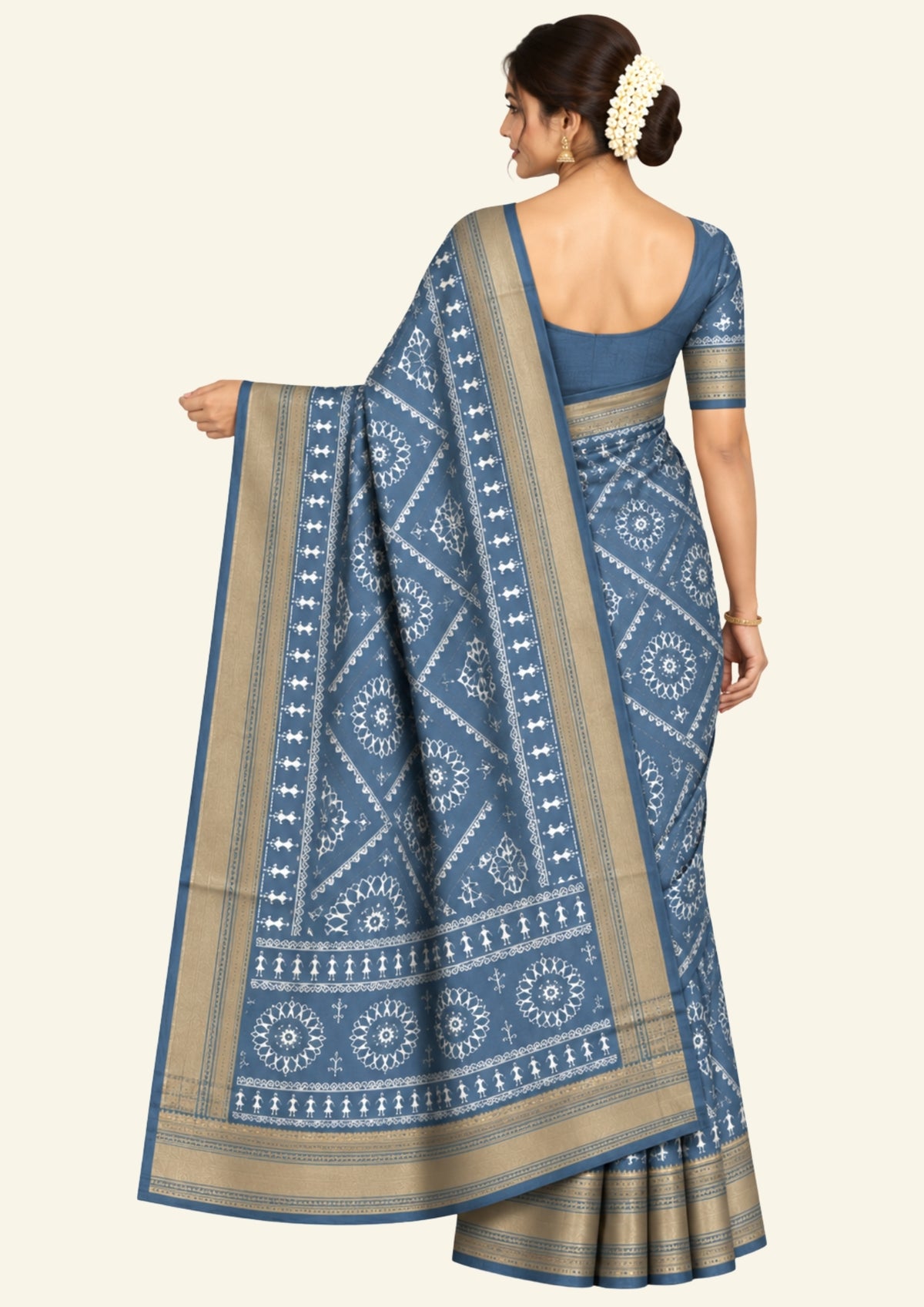 Kusum Silk in Slate Blue base with Kalamkari prints