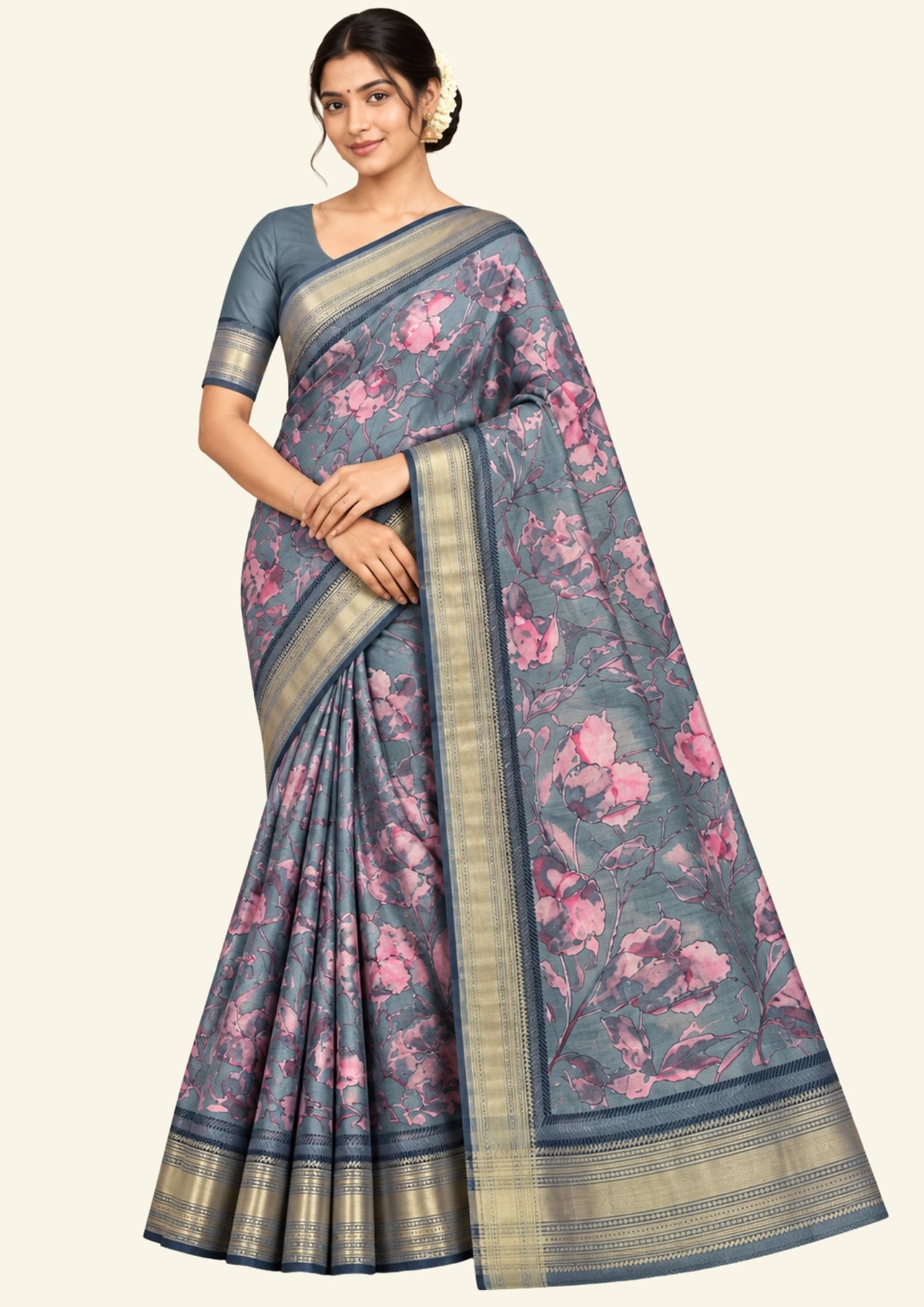 Kusum Silk in Slate Teal Base with Floral prints