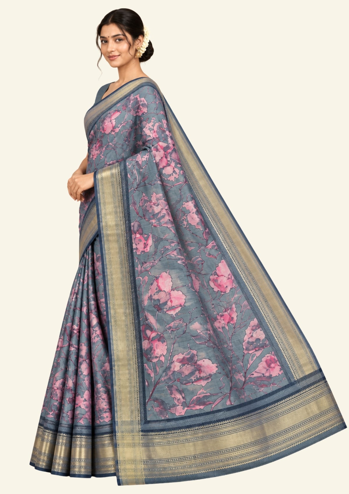 Kusum Silk in Slate Teal Base with Floral prints
