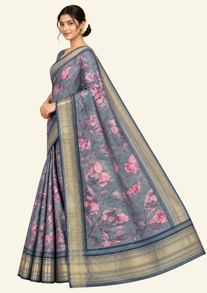 Kusum Silk in Slate Teal Base with Floral prints