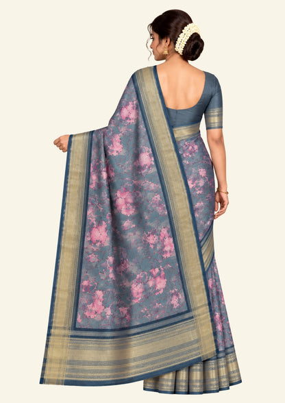 Kusum Silk in Slate Teal Base with Floral prints