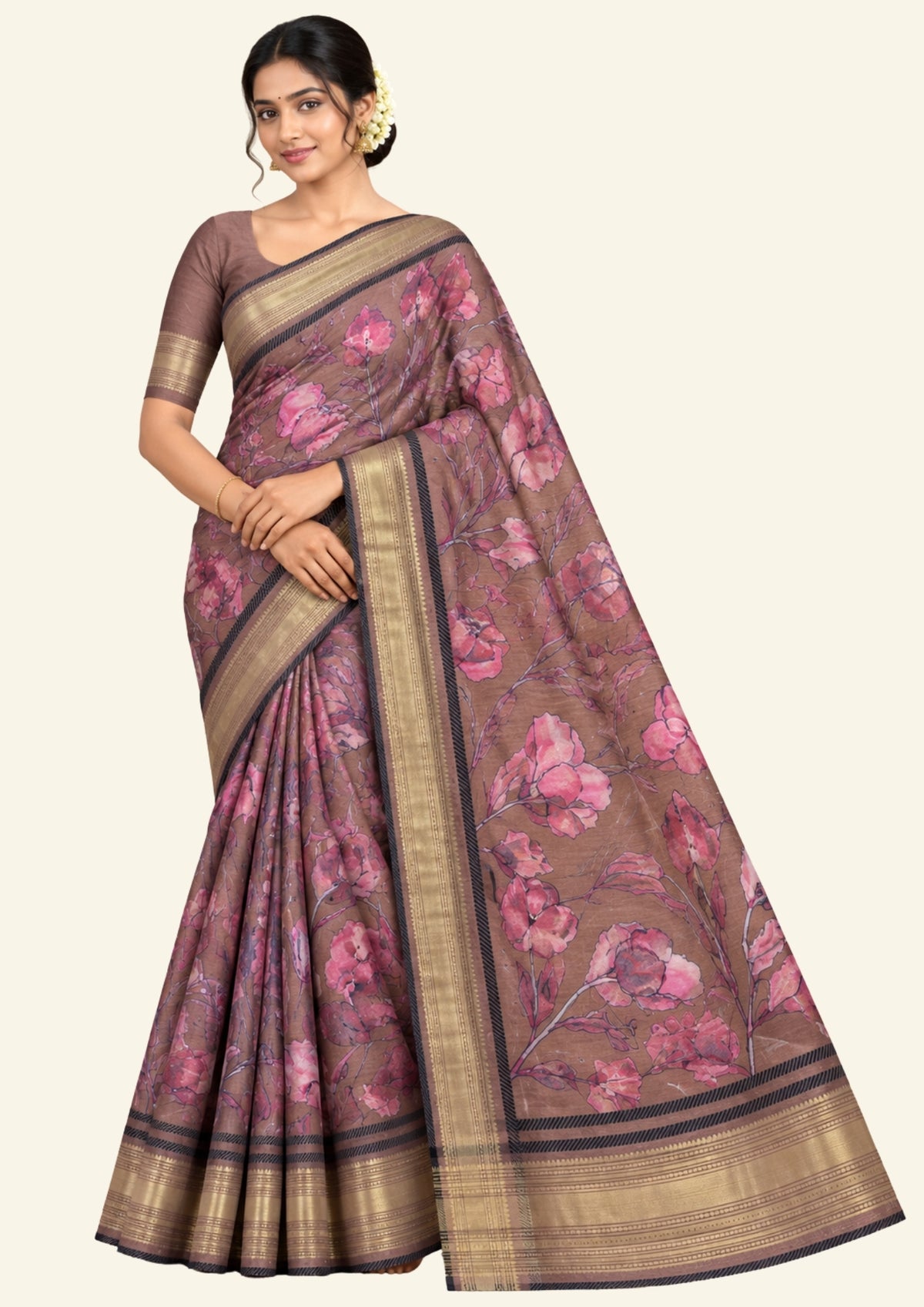 Kusum Silk in Warm Coffee Brown Base with floral prints