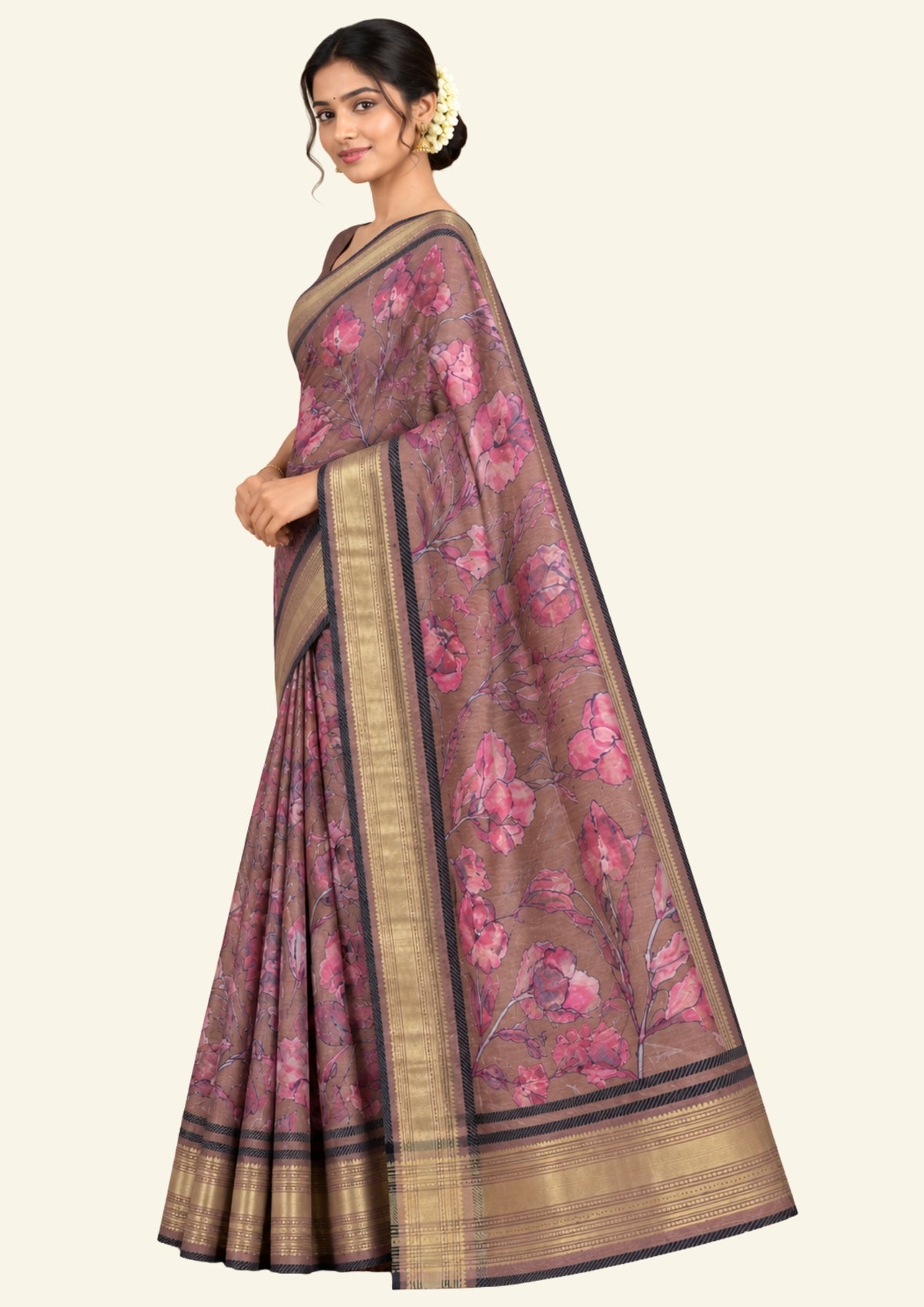 Kusum Silk in Warm Coffee Brown Base with floral prints