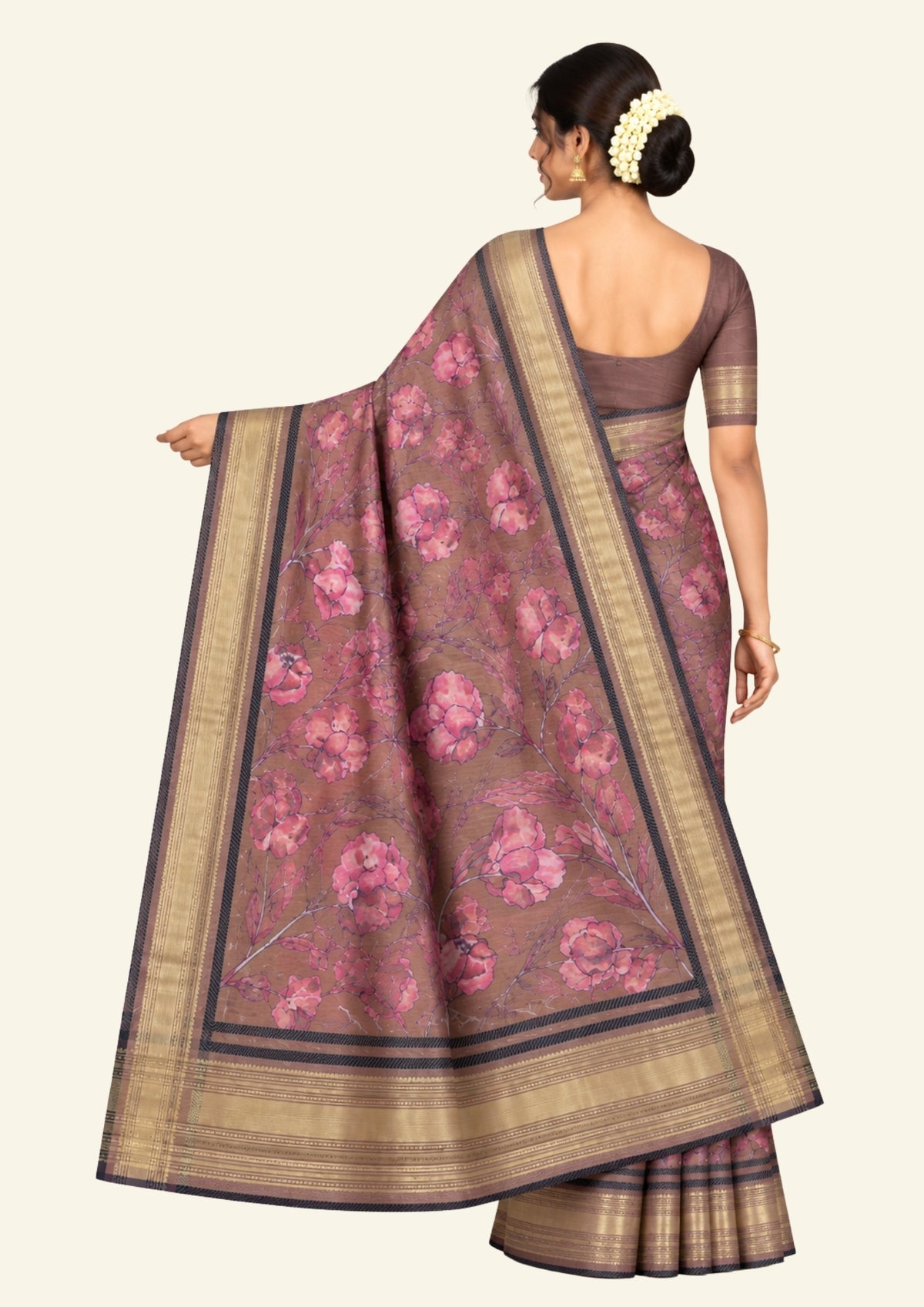 Kusum Silk in Warm Coffee Brown Base with floral prints