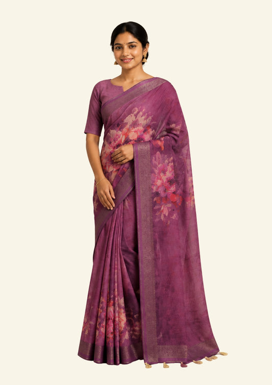 Chaithra Weave in Rich Mauve Plum base with floral prints