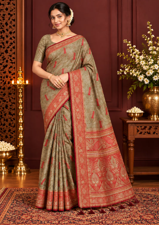 Madhur Bela Muted olive green shade with an elegant golden sheen