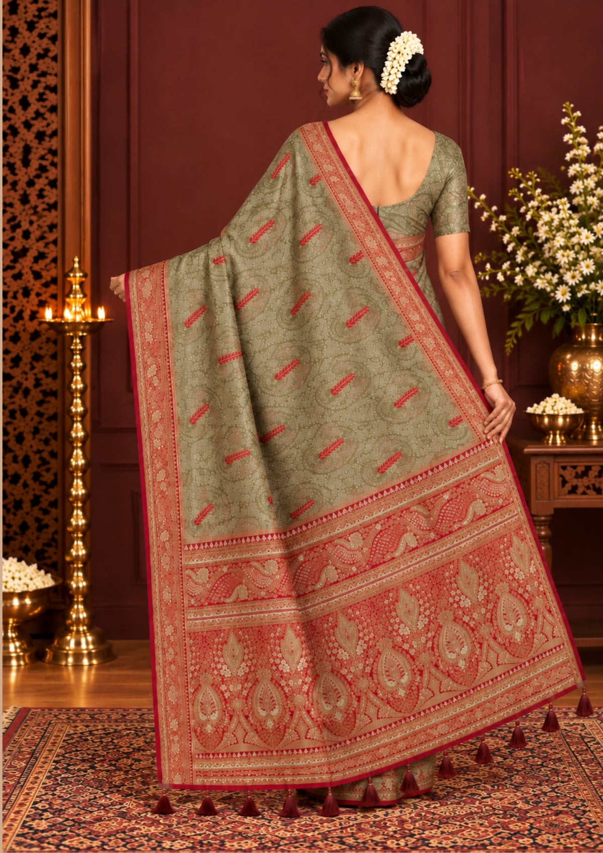 Madhur Bela Muted olive green shade with an elegant golden sheen