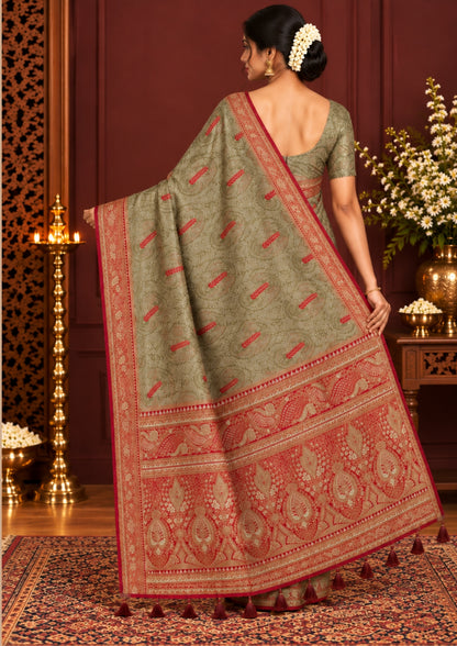 Madhur Bela Muted olive green shade with an elegant golden sheen