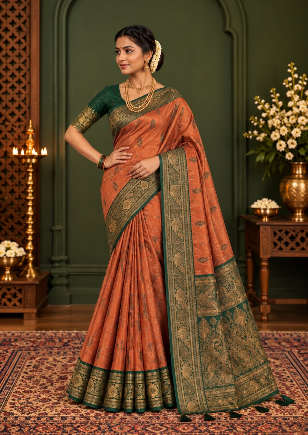 Madhur Bela rich coral-orange shade with a golden undertone.