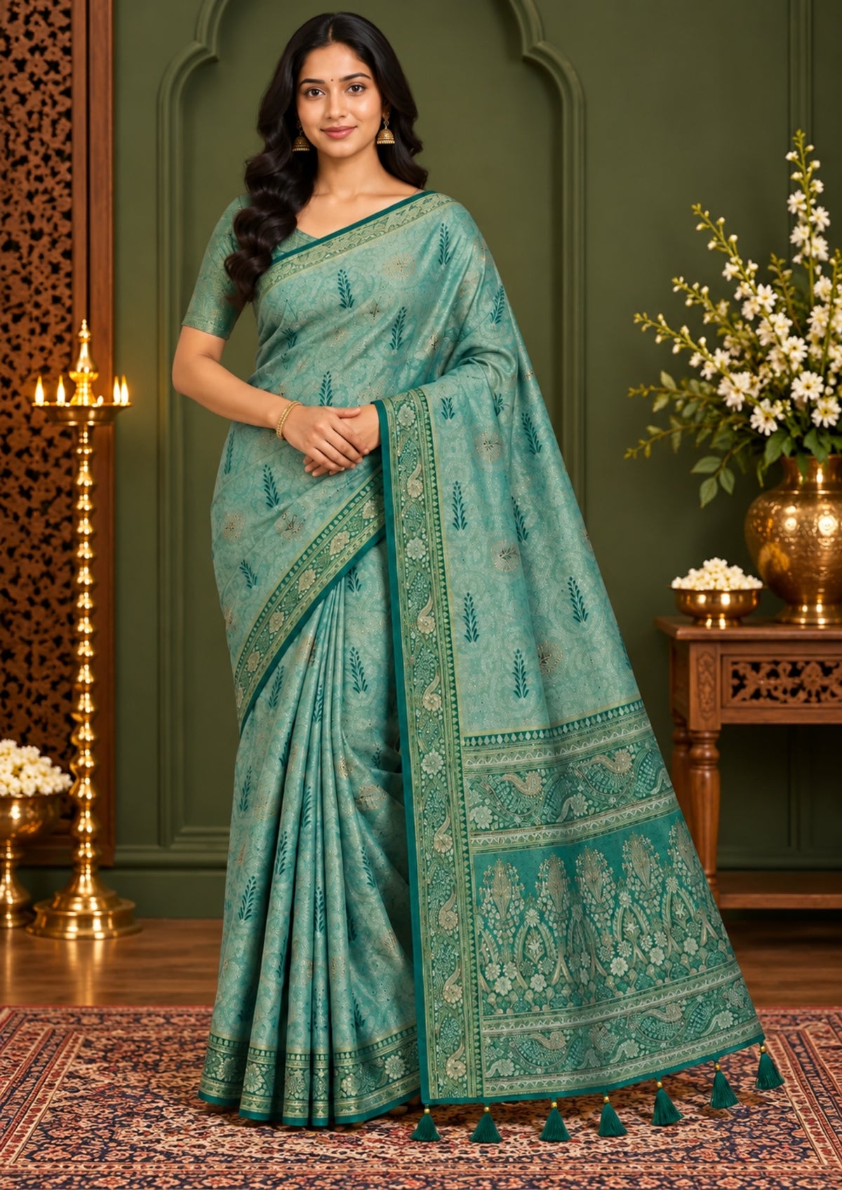 Madhur Bela soothing teal-green hue shade with a golden undertone.