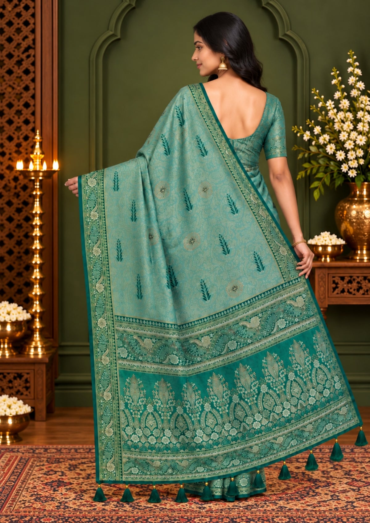 Madhur Bela soothing teal-green hue shade with a golden undertone.