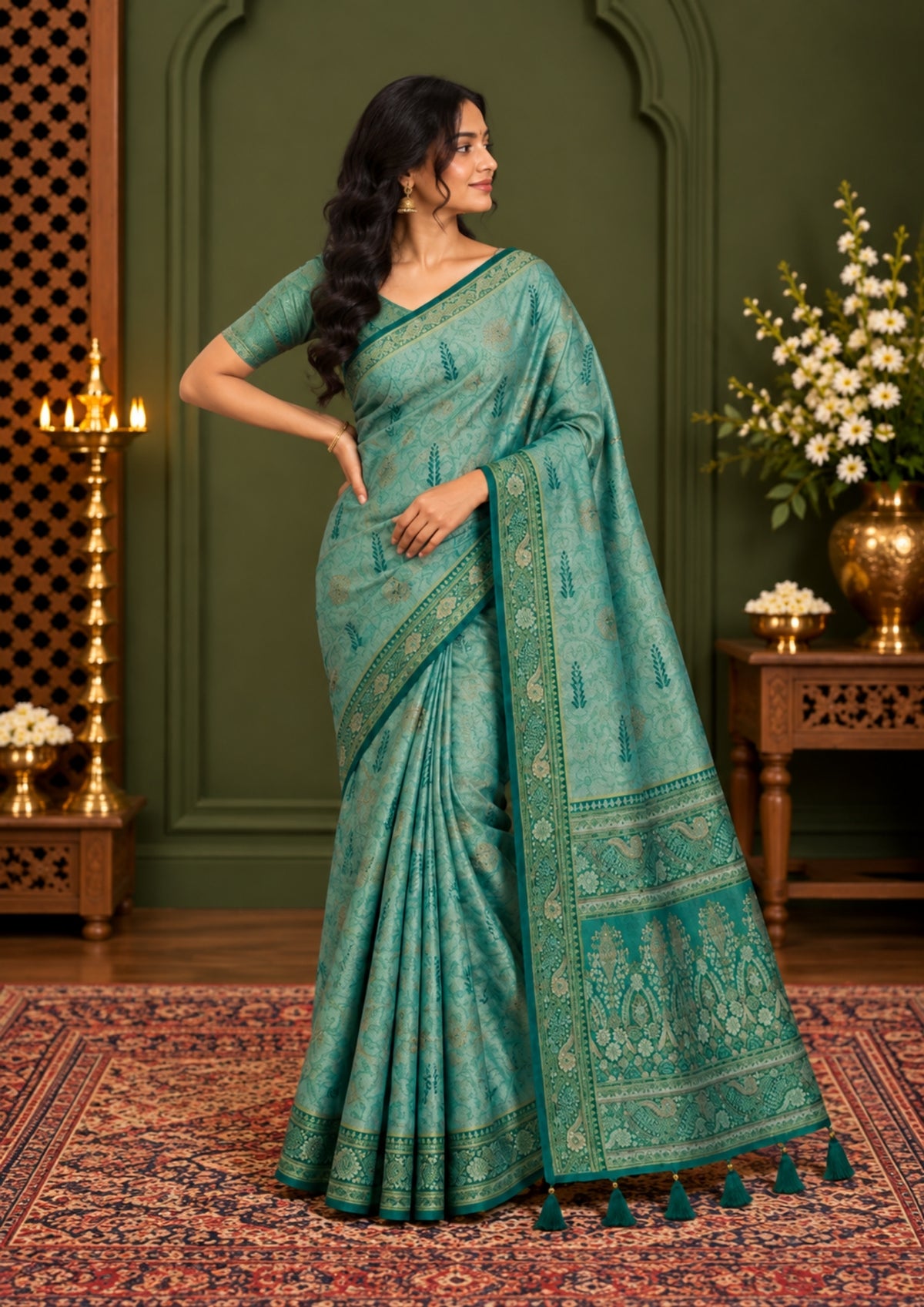 Madhur Bela soothing teal-green hue shade with a golden undertone.