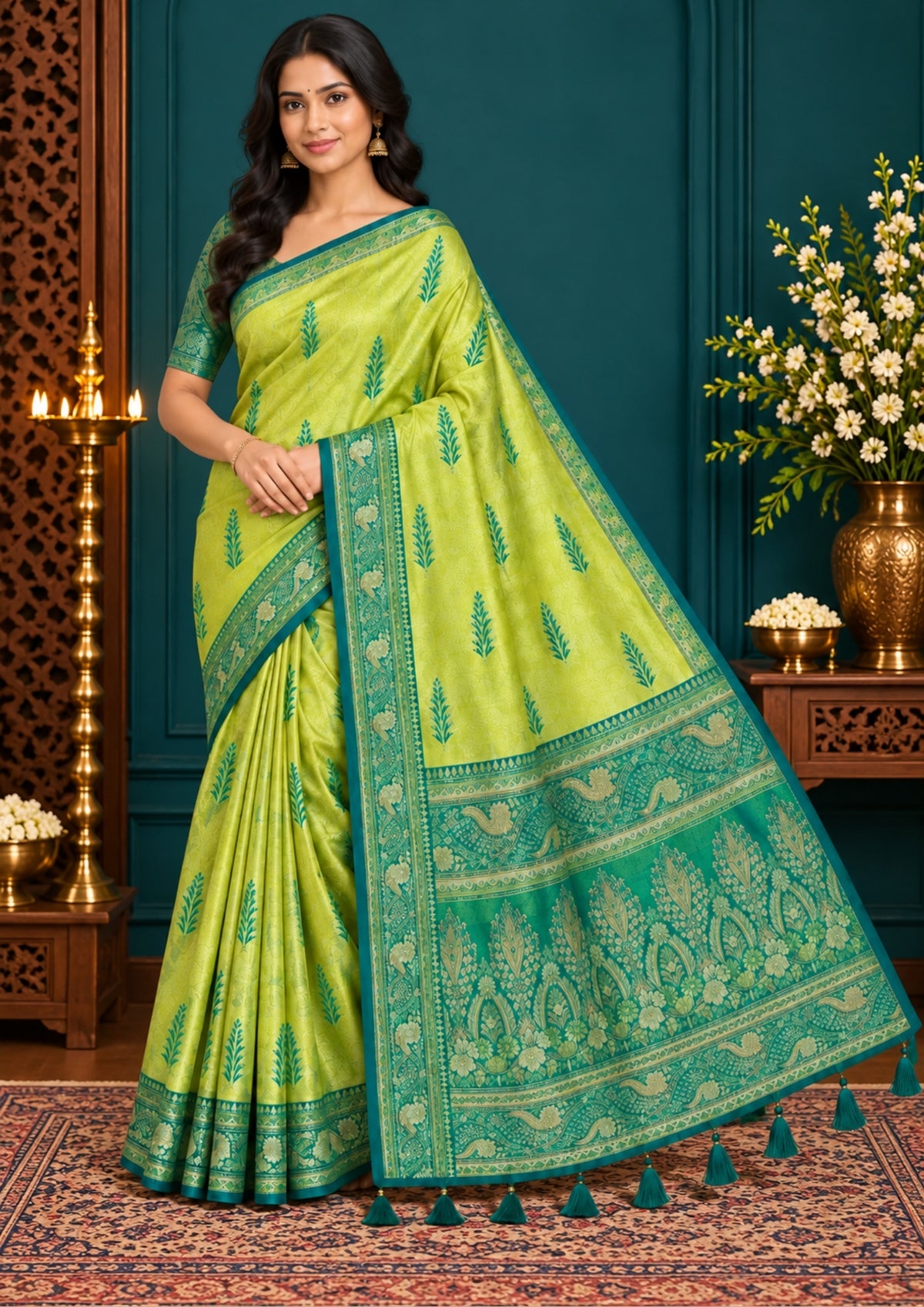 Madhur Bela Vibrant lime green shade with a lustrous golden tint