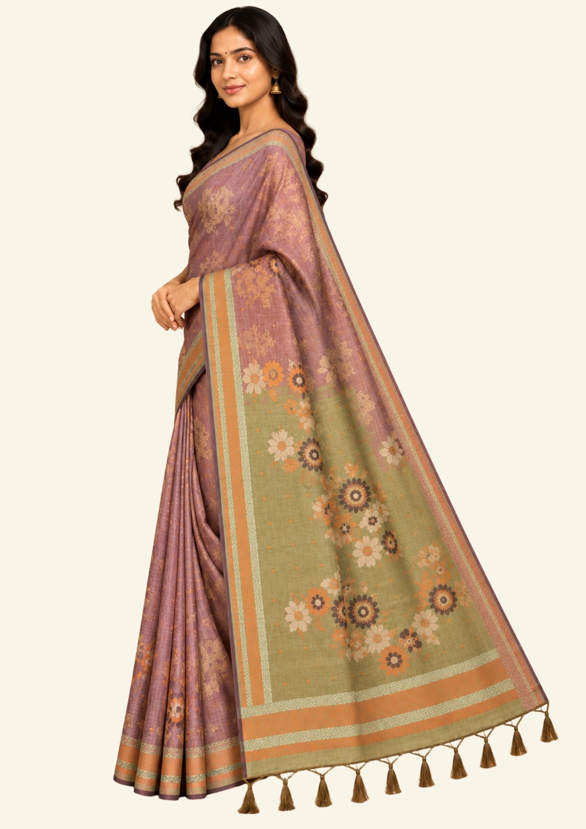 Mauve Palayam Silk Tussar with Olive Green border.