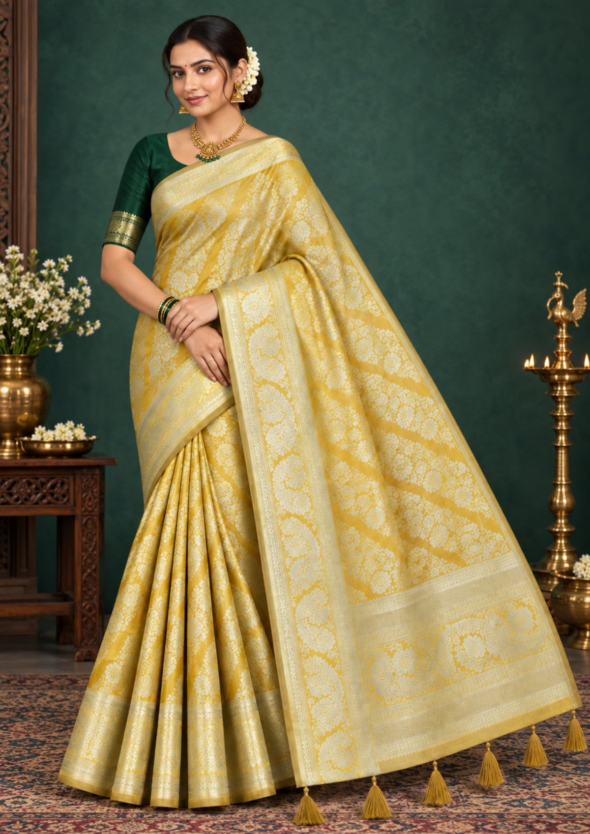 Mayuri Drape in radiant golden yellow shade with a rich, lustrous silk finish