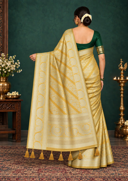Mayuri Drape in radiant golden yellow shade with a rich, lustrous silk finish