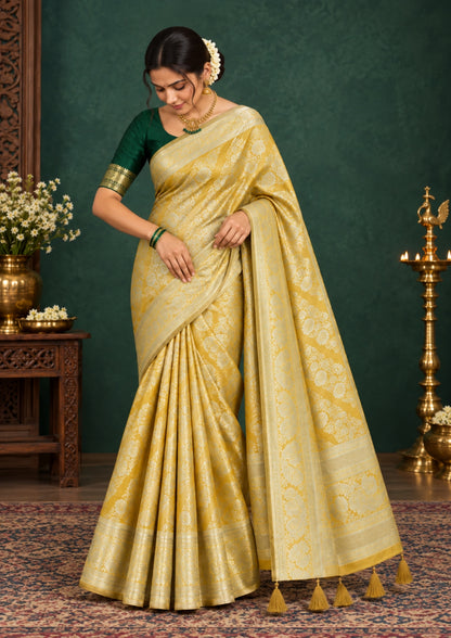 Mayuri Drape in radiant golden yellow shade with a rich, lustrous silk finish