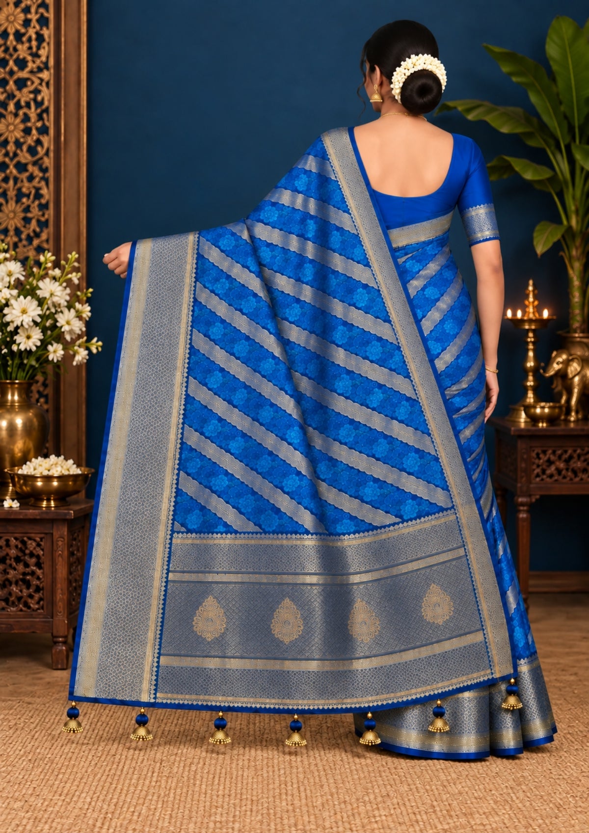 Megha Silk saree in rich royal blue with alternating metallic gold zari stripes.