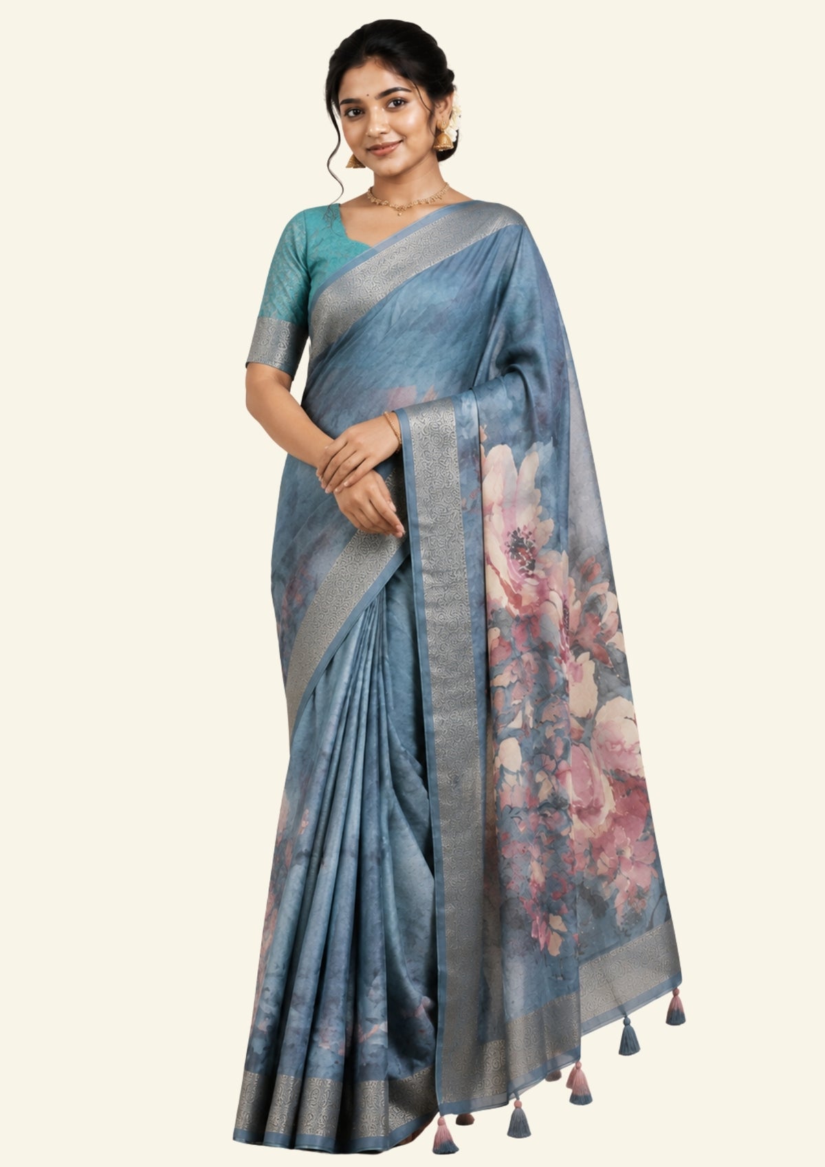 Chaithra Weave in Smoky steel grey base with floral prints