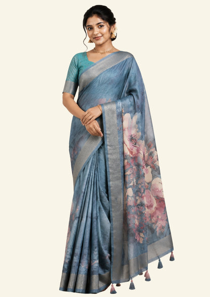 Chaithra Weave in Smoky steel grey base with floral prints