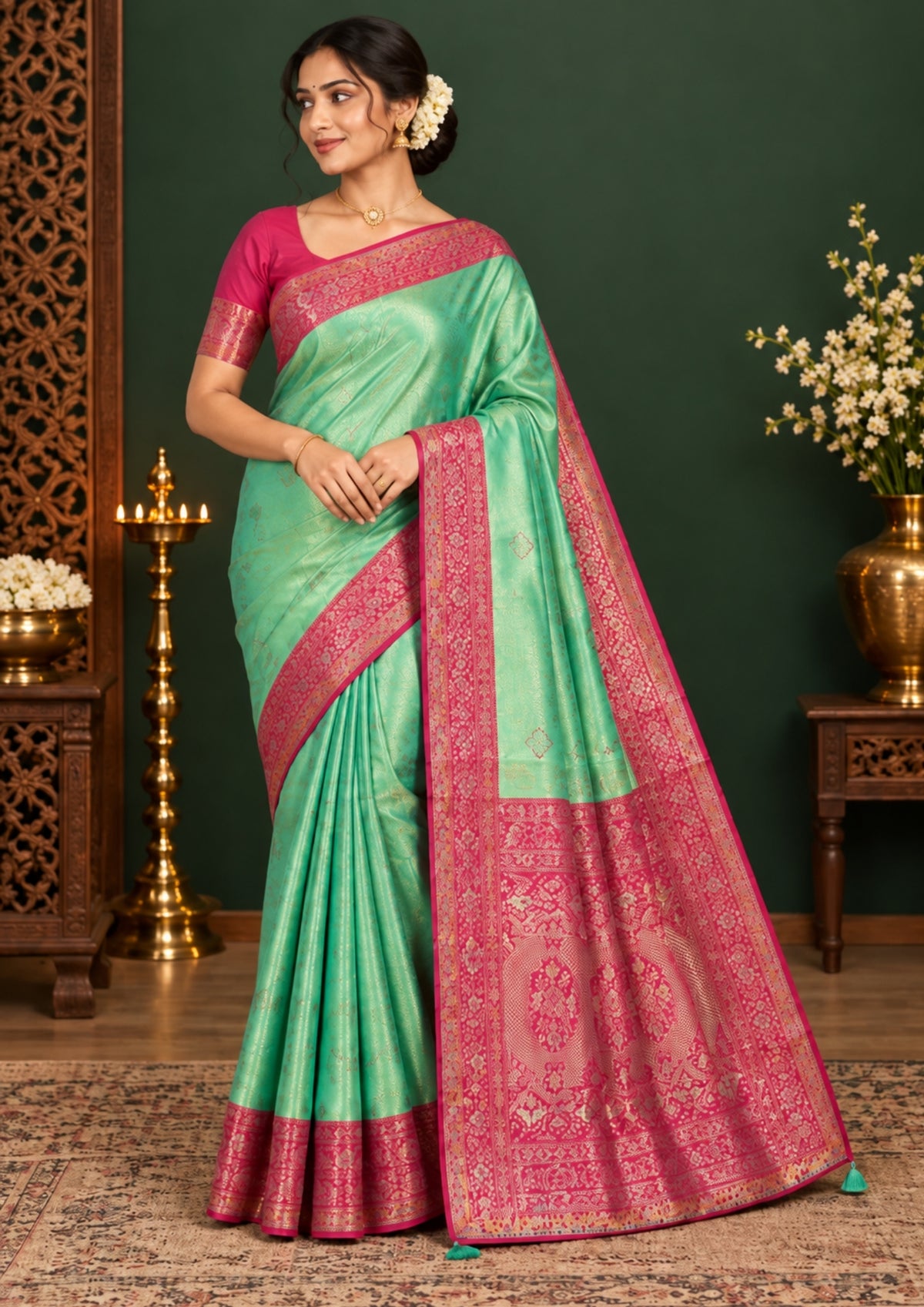 Mint Green Raj Virasat Silk saree with Deep purple base and heavy embroidery.
