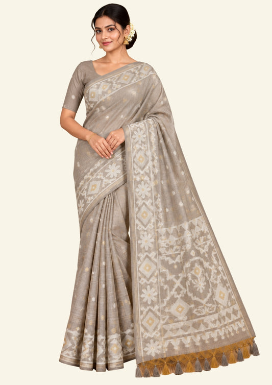 Monisha Tussar Muted taupe grey shade with a soft tussar silk texture