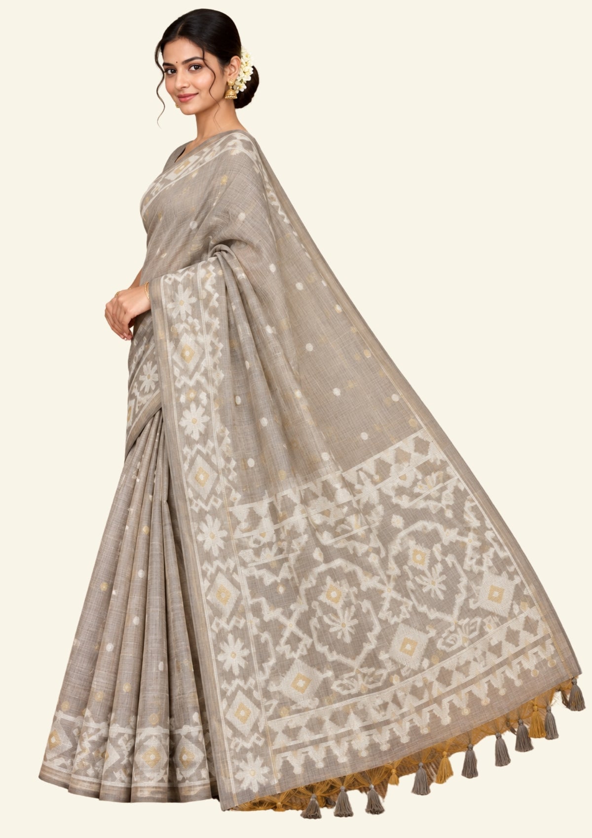 Monisha Tussar Muted taupe grey shade with a soft tussar silk texture